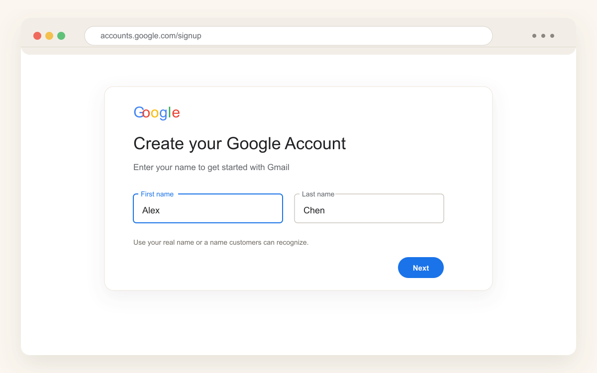 电脑浏览器打开 Google 账号注册页,填姓名